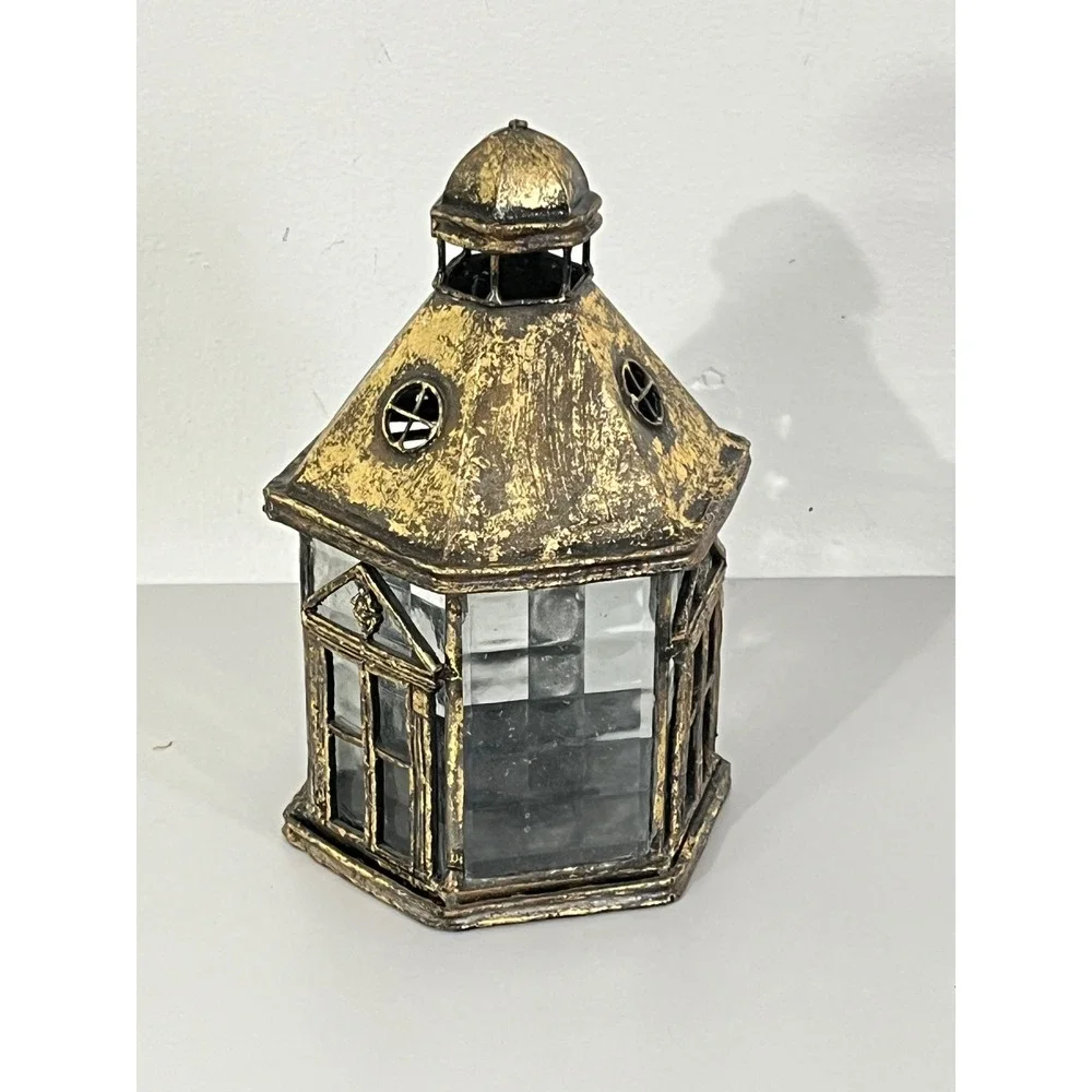 Vintage‎ Candle Lantern  Gold Black Distressed Metal Hexagon Gazebo